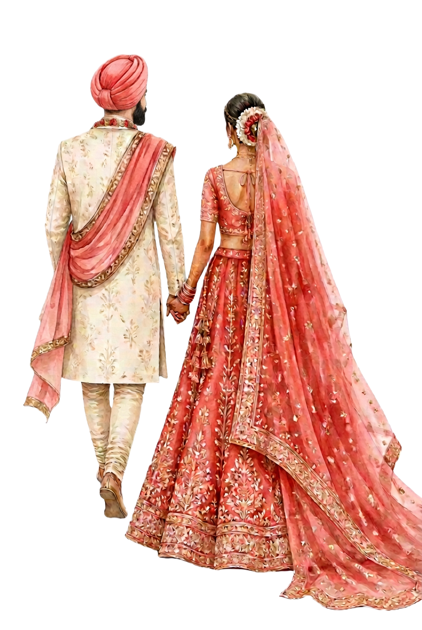 Illustration of a bride and groom in traditional wedding attire, the groom in a Punjabi turban, seen from behind