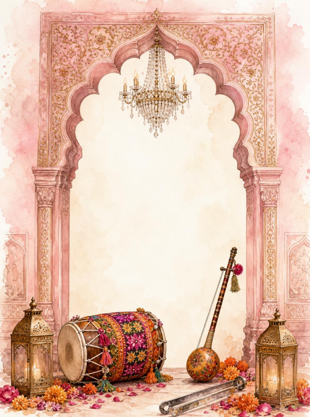 Watercolour Mughal-Punjabi arch with a chandelier, dhol, tumbi, chimta and brass lanterns