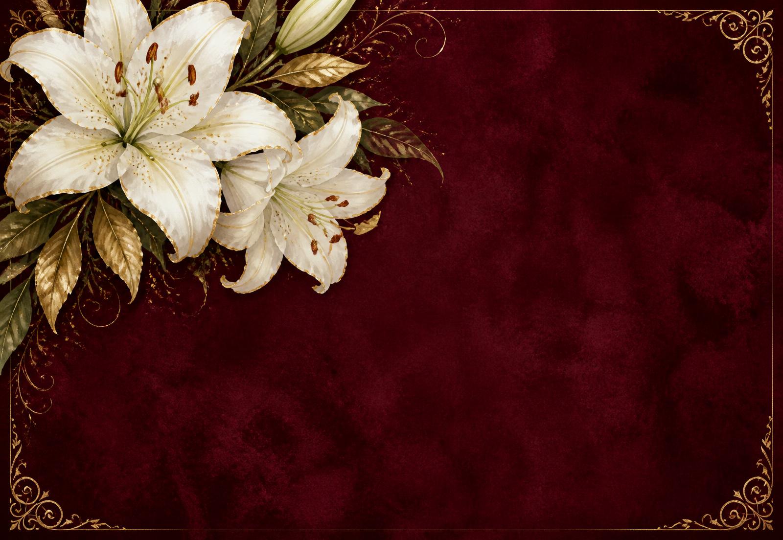 White lilies with gold-dusted edges on deep maroon velvet